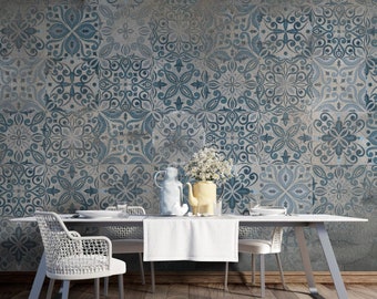 Removable Peel and Stick Damask Wallpaper with Blue and Beige Patterns. Perfect for Living Room and Bedroom