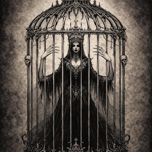 Könnte beinhalten: Schwarz-weiß gotische Illustration einer Frau in schwarzem Kleid und Krone, gefangen in einem verzierten Käfig. Der Käfig ist mit Totenköpfen und aufwendigen Metallarbeiten verziert. Die Frau hat lange, spitze Fingernägel und streckt die Arme aus.