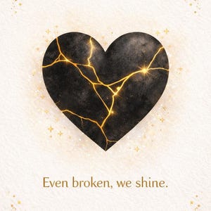 May include: A black heart illustration with gold-colored cracks, set against a cream-colored background. The text "Even broken, we shine" is below the heart. Floral and star accents frame the image.