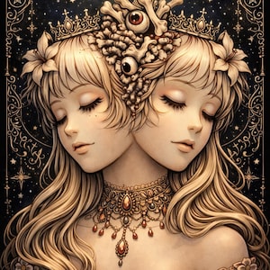 May include: An artistic illustration of two women with long blonde hair, adorned with crowns, floral accents, and ornate jewelry. The artwork features a dark background with celestial elements and a cross.