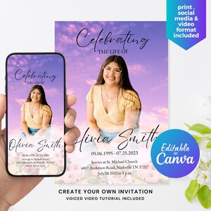 May include: A digital memorial invitation template with a purple sky background and a photo of a young woman. The text "Celebrating the Life of Olivia Smith" is at the top of the template. The text "05.06.1995 - 07.25.2023" is below the photo. The text "Service at St. Michael Church 4001 Anderson Road, Nashville TN 37217 July 28 2023 at 1 p.m." is below the date. The text "Editable in Canva" is in a purple circle at the bottom right corner of the template.