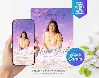 Purple Skies Memorial Announcement Flyer, Funeral Invitation Canva Editable Template, Funeral Announcement