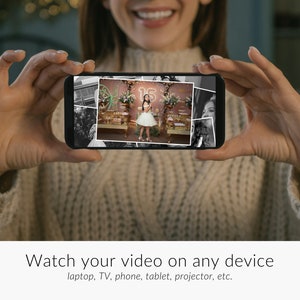 May include: A person holding a smartphone displaying a collage of photos, including a photo of a young woman in a white dress standing in front of a decorated table with the number "15" on it. The text "Watch your video on any device" is displayed below the image.
