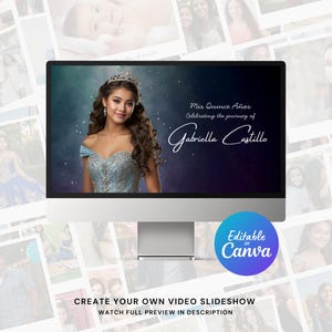 Szablon wideo pokazu slajdów Quinceañera w serwisie Canva, szablon pokazu slajdów urodzinowych w serwisie Canva, wideo Quinceañera z muzyką