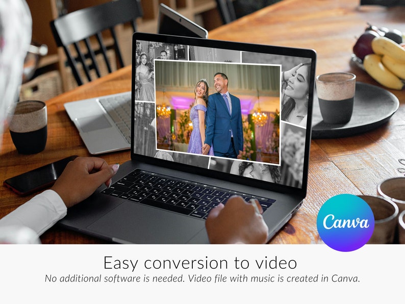 May include: A laptop computer screen displaying a collage of photos. The photos are in black and white except for one photo of a couple in color. The laptop is on a wooden table with a person's hand on the trackpad. The Canva logo is visible in the lower right corner of the image. The text on the screen reads "Easy conversion to video. No additional software is needed. Video file with music is created in Canva."