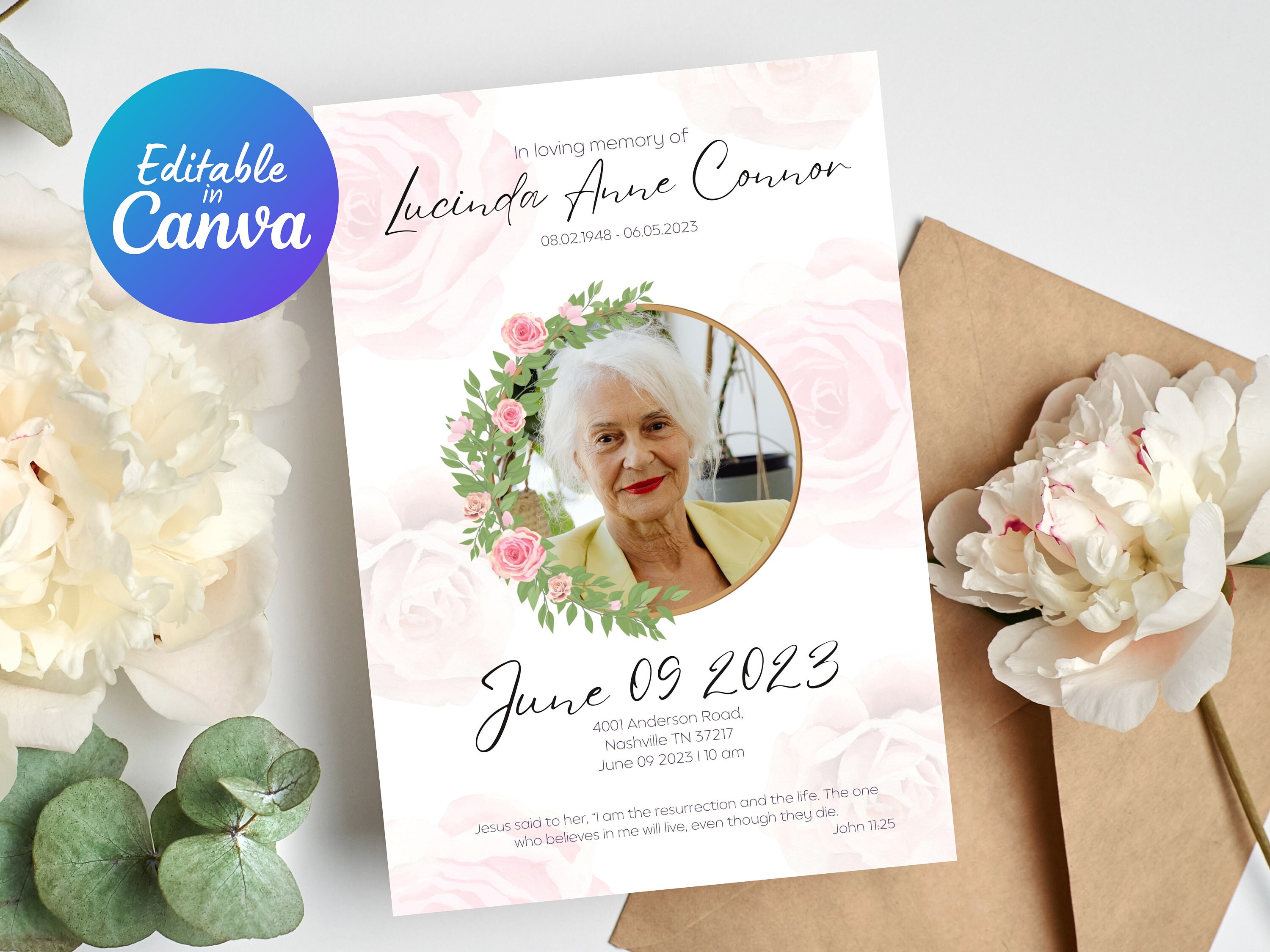 Pink Roses Funeral Invitation Canva Template for Celebration - Etsy