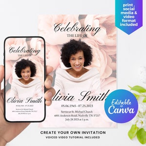 Puede incluir: Una plantilla de invitación de memorial imprimible con un fondo floral y una foto de una mujer. El texto dice "Celebrando la vida de Olivia Smith" e incluye fechas, información del servicio y el texto "Editable en Canva".