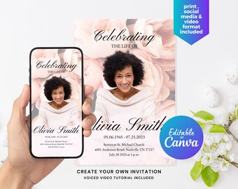 Peonies Memorial Announcement Flyer, Funeral Invitation Canva Editable Template, Funeral Announcement