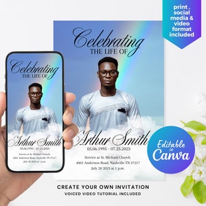 May include: A memorial invitation design featuring a portrait of a man, with text that reads "Celebrating the Life of Arthur Smith." The design includes a rainbow and cloud background, and the invitation is editable in Canva.