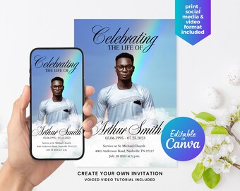 Rainbow Clouds Memorial Announcement Flyer, Funeral Invitation Canva Editable Template, Funeral Announcement
