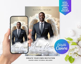 Heavenly Funeral Invitation Template with Wings – Editable Canva Memorial Announcement | Social Media, Print & Video Sizes Included