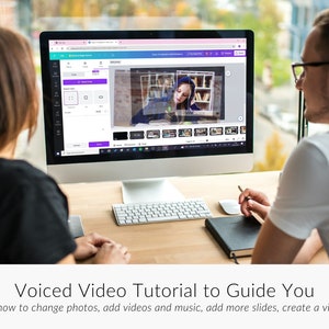 May include: Two people are working on a computer, editing a video. The screen shows a video editing program with a video of a young woman in a library. The text on the screen says "Voiced Video Tutorial to Guide You on how to change photos, add videos and music, add more slides, create a video".