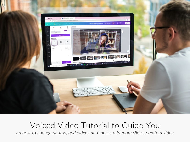 May include: Two people are working on a computer, editing a video. The screen shows a video editing program with a video of a young woman in a library. The text on the screen says "Voiced Video Tutorial to Guide You on how to change photos, add videos and music, add more slides, create a video".