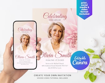 Elegant Floral Memorial Announcement Flyer, Funeral Invitation Canva Editable Template, Funeral Announcement