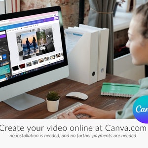 May include: A person is using a computer to create a video online using Canva.com. The screen shows a collage of photos and a video editing interface. The text on the screen reads "Create your video online at Canva.com. No installation is needed, and no further payments are needed."
