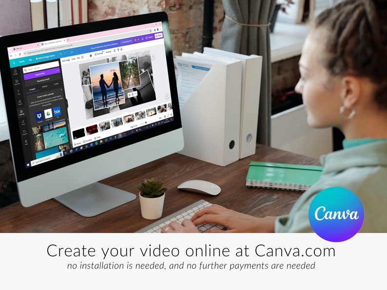 May include: A person is using a computer to create a video online using Canva.com. The screen shows a collage of photos and a video editing interface. The text on the screen reads "Create your video online at Canva.com. No installation is needed, and no further payments are needed."