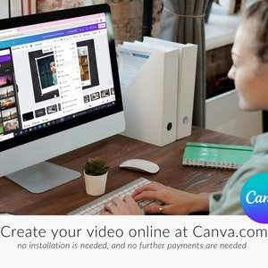 May include: A person is using a computer to create a video online using Canva.com. The screen shows a video editing interface with a variety of video clips and images. The text on the screen reads "Create your video online at Canva.com. No installation is needed, and no further payments are needed."