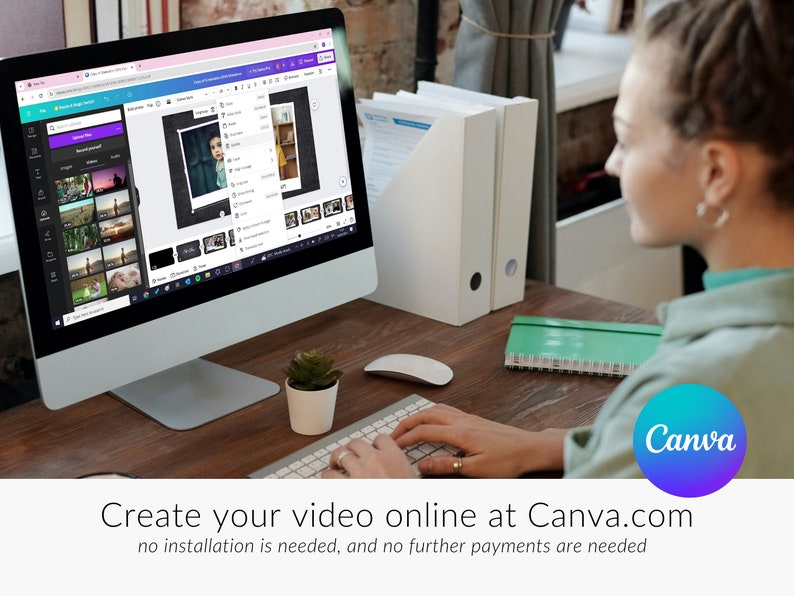May include: A person is using a computer to create a video online using Canva.com. The screen shows a video editing interface with a variety of video clips and images. The text on the screen reads "Create your video online at Canva.com. No installation is needed, and no further payments are needed."