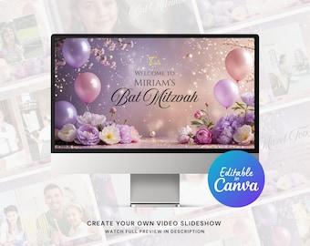 Bat Mitzvah Slideshow Template for Canva – Editable Digital Photo Album, Girl’s Mitzvah Party Video Presentation