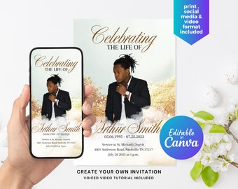 Gold and White Memorial Announcement Flyer, Funeral Invitation Canva Editable Template, Funeral Announcement