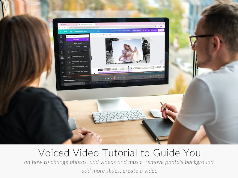 May include: Two people are sitting at a desk in front of a computer screen. The screen shows a video editing program with a collage of photos of a couple. The text on the screen says "Voiced Video Tutorial to Guide You on how to change photos, add videos and music, remove photo's background, add more slides, create a video".