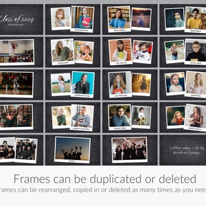 May include: A black and white chalkboard with a white handwritten title "Class of 2024" and a grid of 18 black and white photo frames. Each frame contains a photo of a student. The photos are arranged in a grid of 3 rows and 6 columns. The text "Celebrate endings - for they provide and beginnings" is written in white on the bottom right corner of the chalkboard.