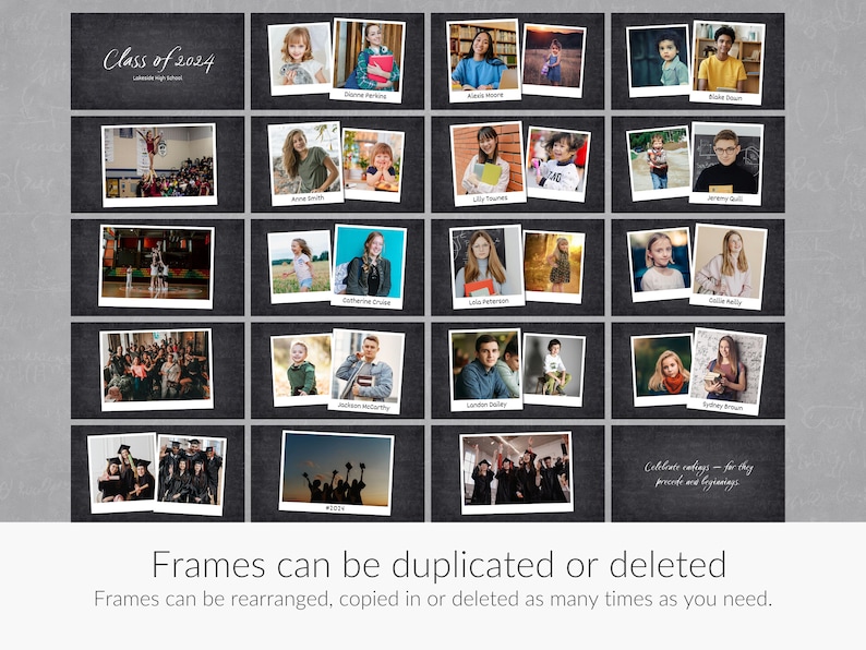 May include: A black and white chalkboard with a white handwritten title "Class of 2024" and a grid of 18 black and white photo frames. Each frame contains a photo of a student. The photos are arranged in a grid of 3 rows and 6 columns. The text "Celebrate endings - for they provide and beginnings" is written in white on the bottom right corner of the chalkboard.