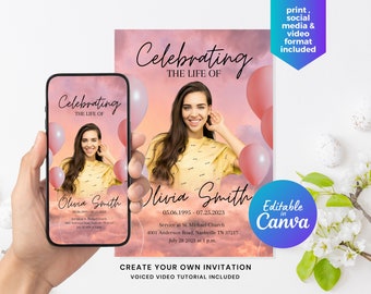 Pink Balloons Memorial Announcement Flyer, Funeral Invitation Canva Editable Template, Funeral Announcement
