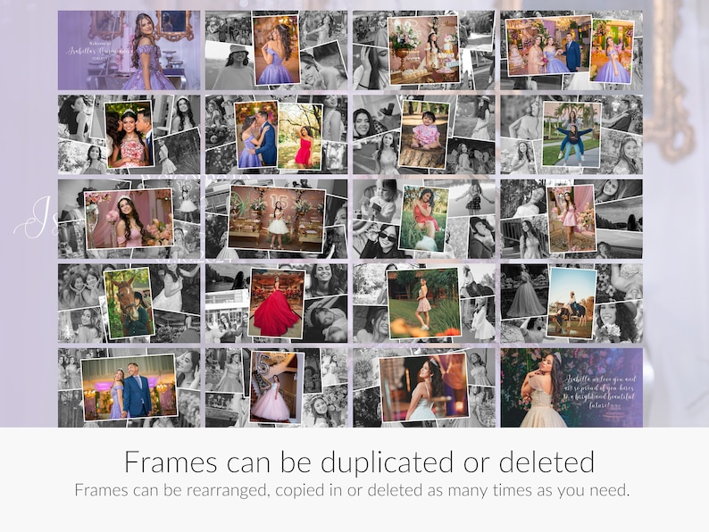May include: A collage of photos in a grid layout, featuring a young woman in a variety of settings. The photos are in black and white, except for a few color photos of the woman in a dress. The collage is framed with a purple border.