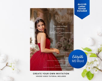 Editable Quinceañera Invitation Template MS Word | Elegant Princess Design | Instant Download