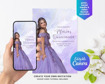 Purple Quinceanera Invitation, Quinceanera Canva Invitation Template, Mis Quince Anos, Mis Quince Años, Quinceañera Invitation
