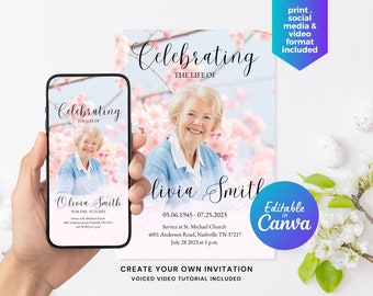 Floral Memorial Announcement Flyer, Funeral Invitation Canva Editable Template, Funeral Announcement