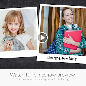 May include: Two images in a slideshow format. The first image shows a young girl holding a grey rabbit. The second image shows a young woman wearing a green and blue plaid shirt, holding a red binder and a pair of headphones around her neck. The text "Dianne Perkins" is below the second image.