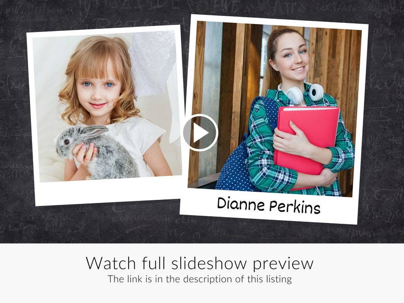 May include: Two images in a slideshow format. The first image shows a young girl holding a grey rabbit. The second image shows a young woman wearing a green and blue plaid shirt, holding a red binder and a pair of headphones around her neck. The text "Dianne Perkins" is below the second image.