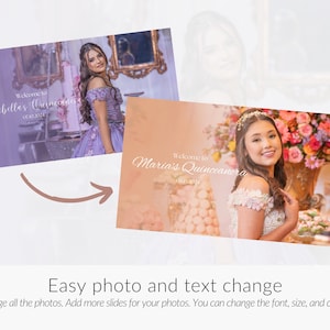 May include: Two images of Quinceanera celebrations. The first image shows a young woman in a purple dress with the text "Welcome to Isabellas Quinceanera". The second image shows a young woman in a white dress with the text "Welcome to Maria's Quinceanera".