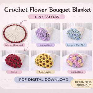 Mönster till virkad filt med blombukett i PDF-format – 6 i 1 blommig filt, solros och ros