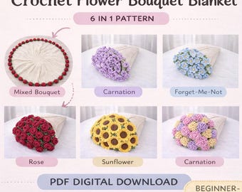 Crochet Flower Bouquet Blanket Pattern PDF – 6 in 1 Floral Blanket, Sunflower & Rose
