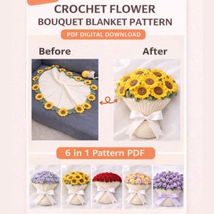 Crochet Flower Bouquet Afghan Bundle, 6 Floral Designs PDF, Rose Sunflower Carnation Baby Throw
