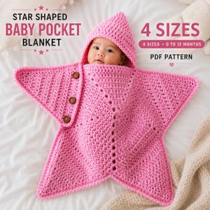 Star Shaped Baby Pocket Blanket Crochet Pattern PDF, Baby Swaddle, 4 Sizes 0-12 Months, Beginner
