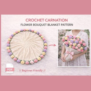 Peut inclure: Un patron de crochet pour une couverture en forme de bouquet de fleurs. L'image montre une couverture circulaire avec un motif en spirale et une bordure de fleurs au crochet colorées. Le texte indique "CROCHET CARNATION FLOWER BOUQUET BLANKET PATTERN" et "Beginner Friendly".