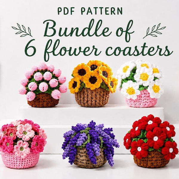 Paquete de patrones de posavasos florales de ganchillo Bloomy en formato PDF / 6 posavasos florales / Tulipán, margarita, girasol e hortensia
