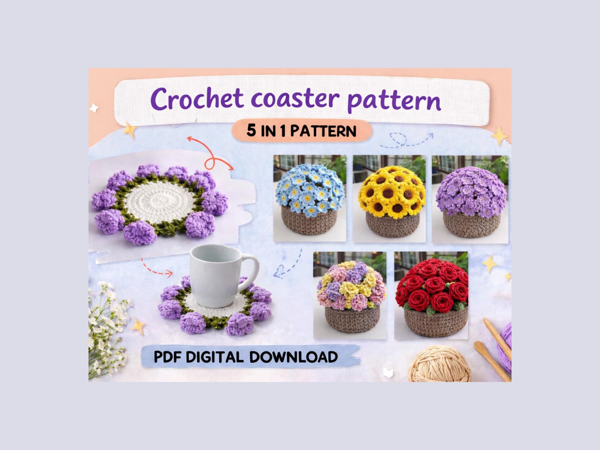 Crochet Flower Coaster Pattern Bundle PDF, Beginner Friendly, Sunflower ...
