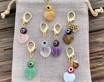 Evil Eye Pet Charm GOLD | Pet Protection Charm | Amethyst Pet Collar Charm | Rose Quartz Pet Charm | Fluorite Pet Charm | Crystals For Dogs