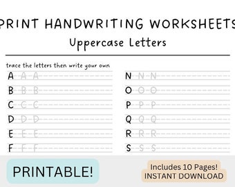 May include: Printable uppercase letter tracing worksheets for kids. The worksheet includes the letters A through S, with three examples of each letter to trace and space to practice writing the letter on their own. The text "Printable!" and "Includes 10 Pages! Instant Download" is included on the page.