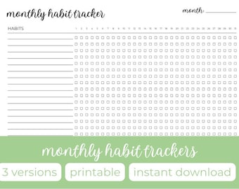 PRINTABLE Monthly Habit Tracker - 3 Versions, Instant Download