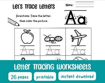 pre k 5 worksheets PRINTABLE Let's Trace Letters! - 26 Pages, Instant Download, Handwriting Practice for Preschoolers, Letter Tracing Worksheets