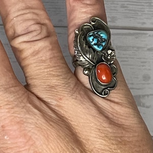 Vintage Old Pawn Navajo Turquoise and Coral Squash Blossom Ring, stamped BVL, size 6