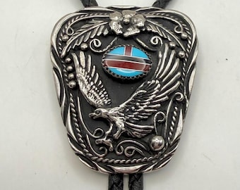 Vintage Inlay Bolo Tie Turquoise Onyx Sugilite Silver Tone Eagle 36” Leather Cord Sunstone Silver Inc