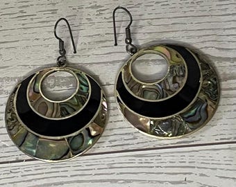 Vintage Alpaca Mexico Silver Abalone Inlay Hoop shaped Hook Earrings