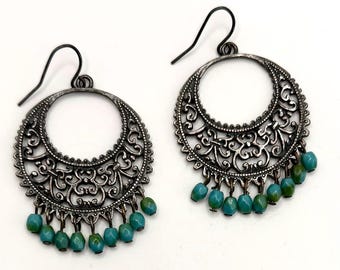 Vintage Silver Tone Scroll Hoop Earrings Dangle Blue Beads Late 20th Century Boho